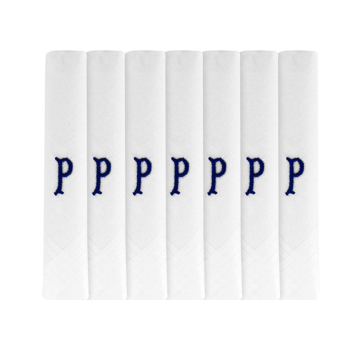 Pack of 7 white handkerchiefs with an embroidered letter P in the colour navy in the centre