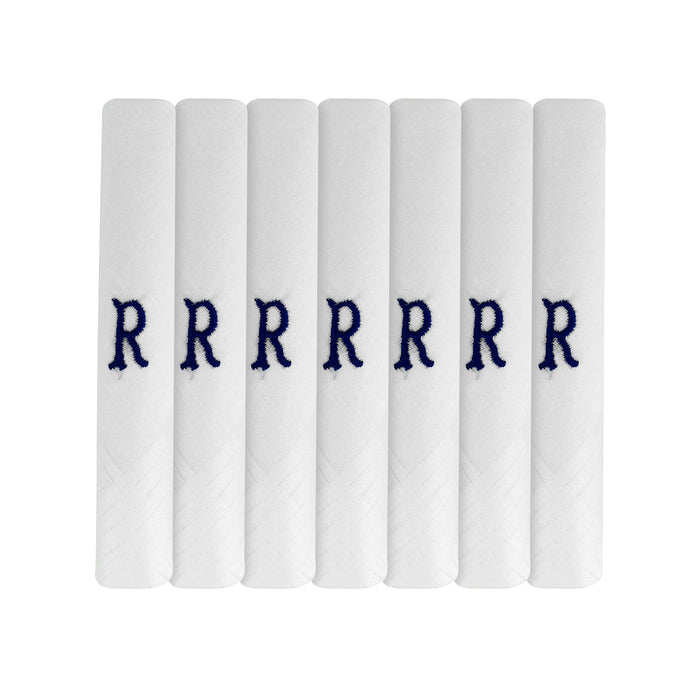 Pack of 7 white handkerchiefs with an embroidered letter R in the colour navy in the centre