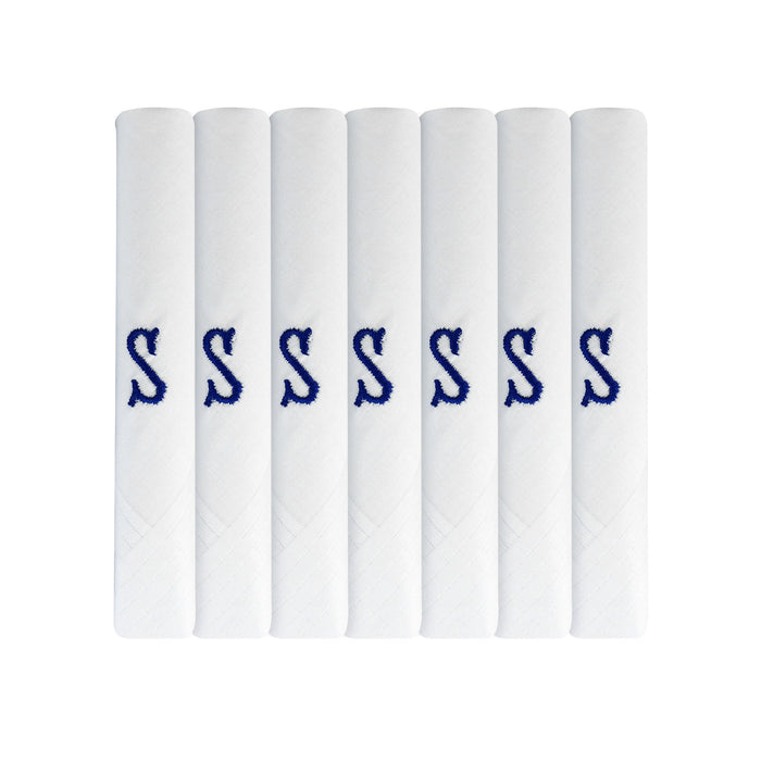 Pack of 7 white handkerchiefs with an embroidered letter S in the colour navy in the centre