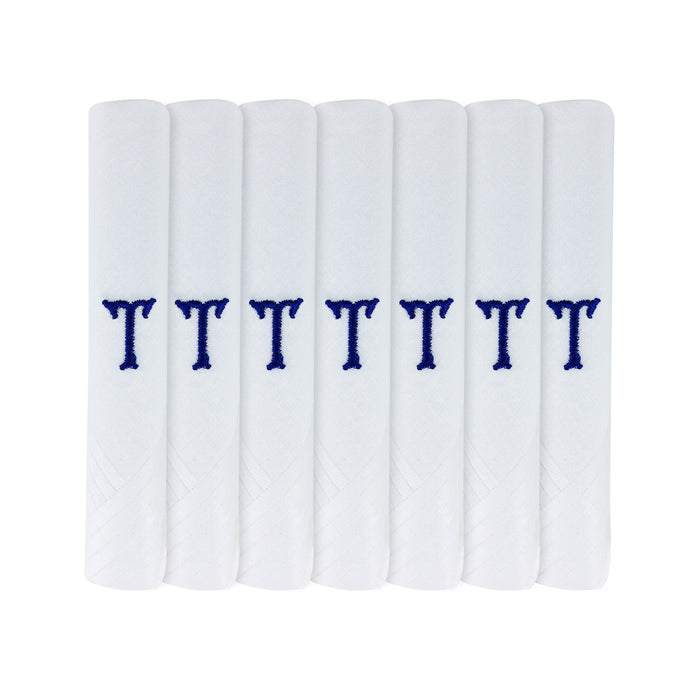 Pack of 7 white handkerchiefs with an embroidered letter T in the colour navy in the centre
