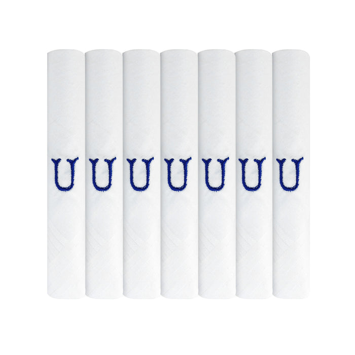 Pack of 7 white handkerchiefs with an embroidered letter U in the colour navy in the centre