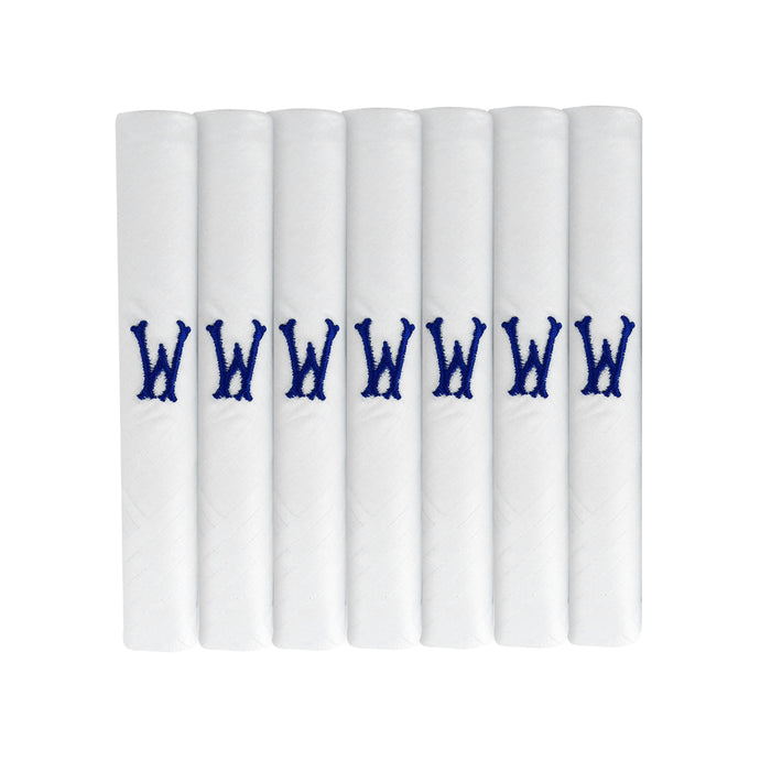 Pack of 7 white handkerchiefs with an embroidered letter W in the colour navy in the centre
