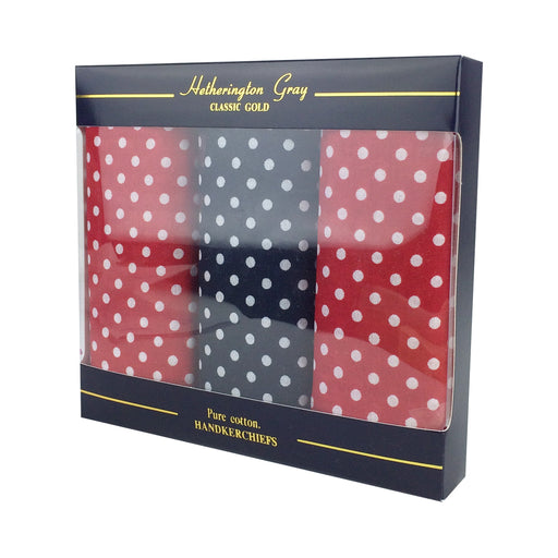A pack of 3 folded handkerchiefs in a gift box. The handkerchiefs are Red and Black with a White polka dot pattern.