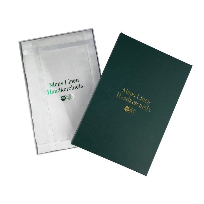 outer packaging of mens linen handkerchiefs, featuring an emerald coloured box with gold lettering