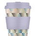 reusable cup, with a blue, green and orange triangle print, lilac lid and band. 