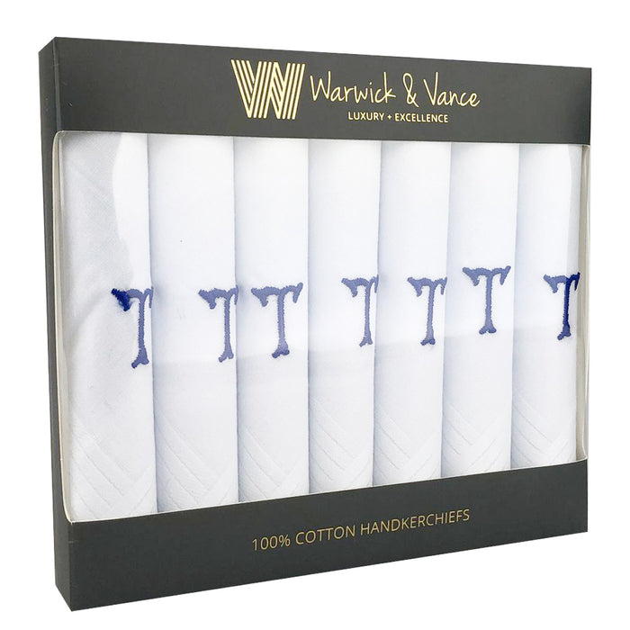 Warwick & Vance Men's Embroidered Initials 100% Cotton White Handkerchiefs 7 Pack