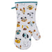 various dog design oven glove with teal hem and woof woof text