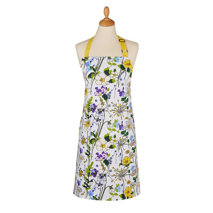 ulster weavers apron with wildflower design and yellow neck strap