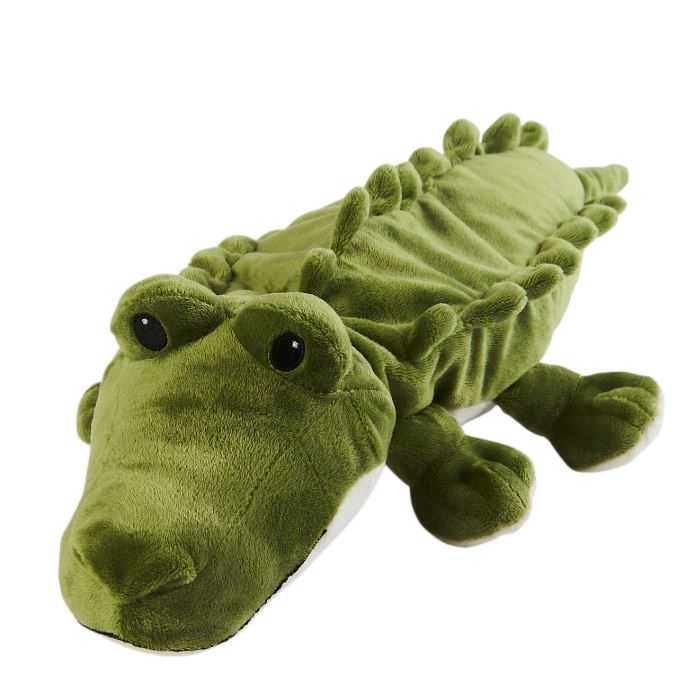 A green coloured Warmies Alligator soft toy, with a cream tummy and black eyes. 