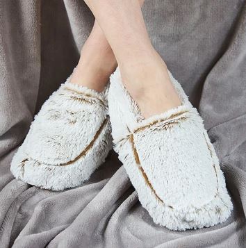 warmies heat-up soft slippers in beige marshmallow being worn