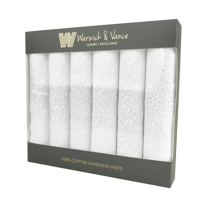 Warwick & Vance Women's 100% Cotton All White Floral Embroidered Handkerchiefs