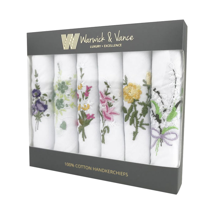Warwick & Vance Women's 100% Cotton White Floral Embroidered Handkerchiefs 6 Pack