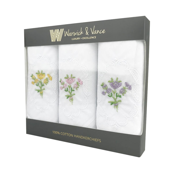 Warwick & Vance Women's 100% Cotton Assorted White Floral Handkerchiefs 3 Pack
