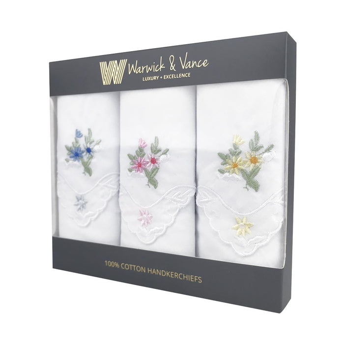 Warwick & Vance Women's 100% Cotton Assorted White Floral & Scallop Edge Handkerchiefs