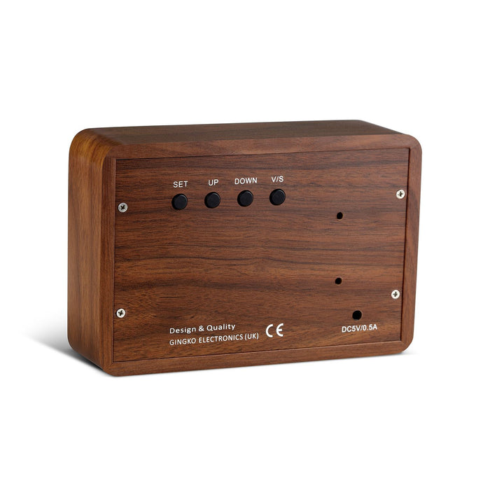 Rear view of a Gingko brick LED click clock in a walnut coloured wooden effect