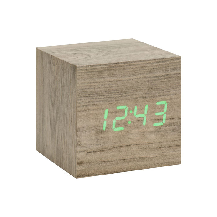 Gingko Cube LED click clock in an ash coloured wooden effect displaying the time in green