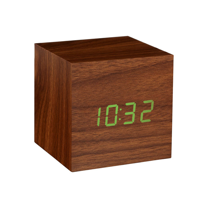 Gingko Cube LED click clock in a walnut coloured wooden effect displaying the time in green