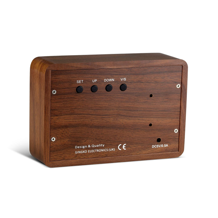 Rear view of a Gingko brick LED click clock in a walnut coloured wooden effect 