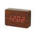 Gingko brick LED click clock in a walnut coloured wooden effect displaying the time in red
