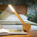 Gingko Natural Wood Octagon LED Light And Alarm Clock Lit Up Shining Light Over A Book On A Coffee Table