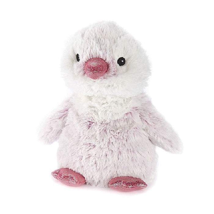 Warmies pink marshmallow penguin with a darker pink glittery nose and feet.