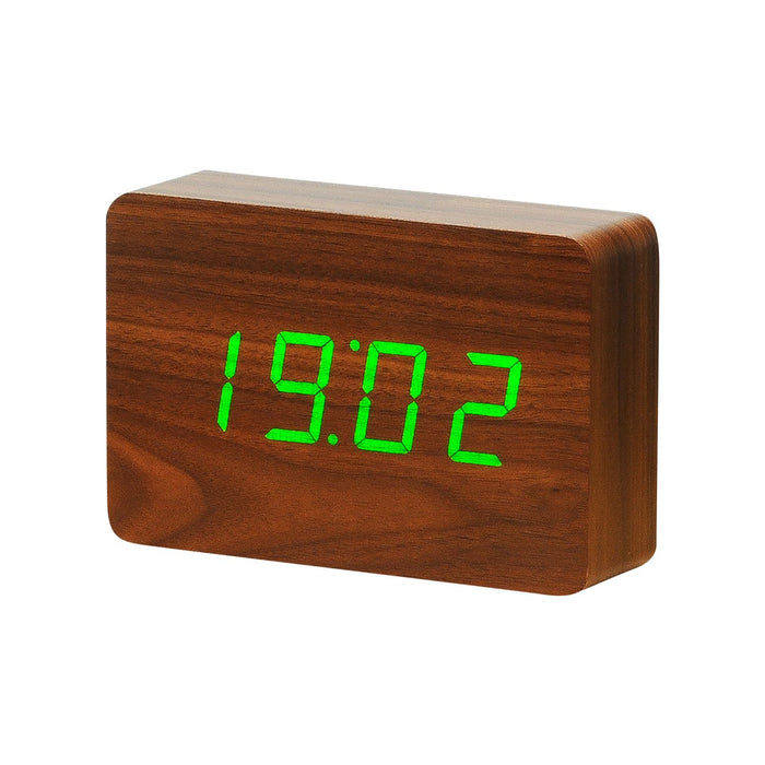Gingko brick LED click clock in a walnut coloured wooden effect displaying the time in light green