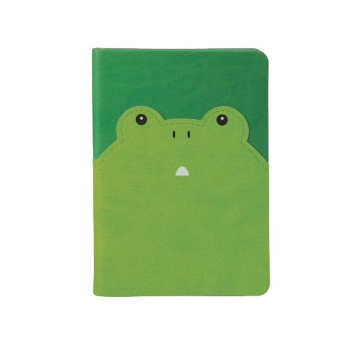 Dark green background, with a light green frog face on a notepad.