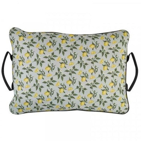 A large pillow shaped garden kneeler pad with a handle at each end. The kneeler is pale green with lemons on leaves pattern repeated all over.