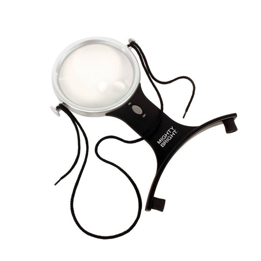 4" round LED hands free magnifier with black handle and neck strap