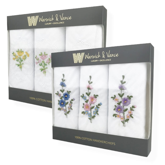 Warwick & Vance 3 Pack Women's Assorted 100% Cotton White Floral Handkerchiefs