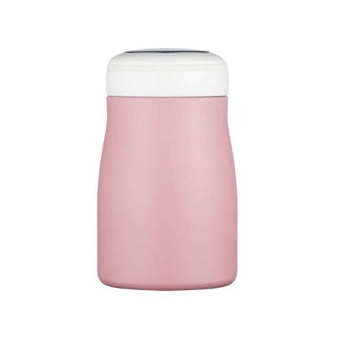 Baby pink stainless steel flask with a off white and silver lid.