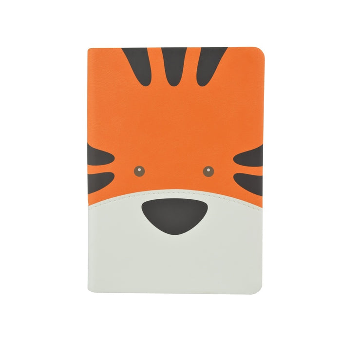 Orange, black and white tiger face on a notepad.  