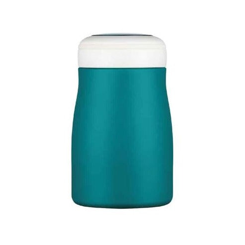 Turquoise coloured stainless steel flask with a off white and silver lid.