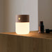 gingko american walnut effect smart diffuser on top of a wooden cupboard next to a small bottle of essential oil 